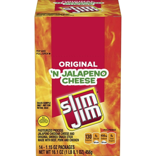 Slim Jim Beef 'N IRF13 Jalapeno Cheese Smoked Meat Sticks, Original Flavor, 7g Protein Per Serving, 1.15 oz. (14 Count)