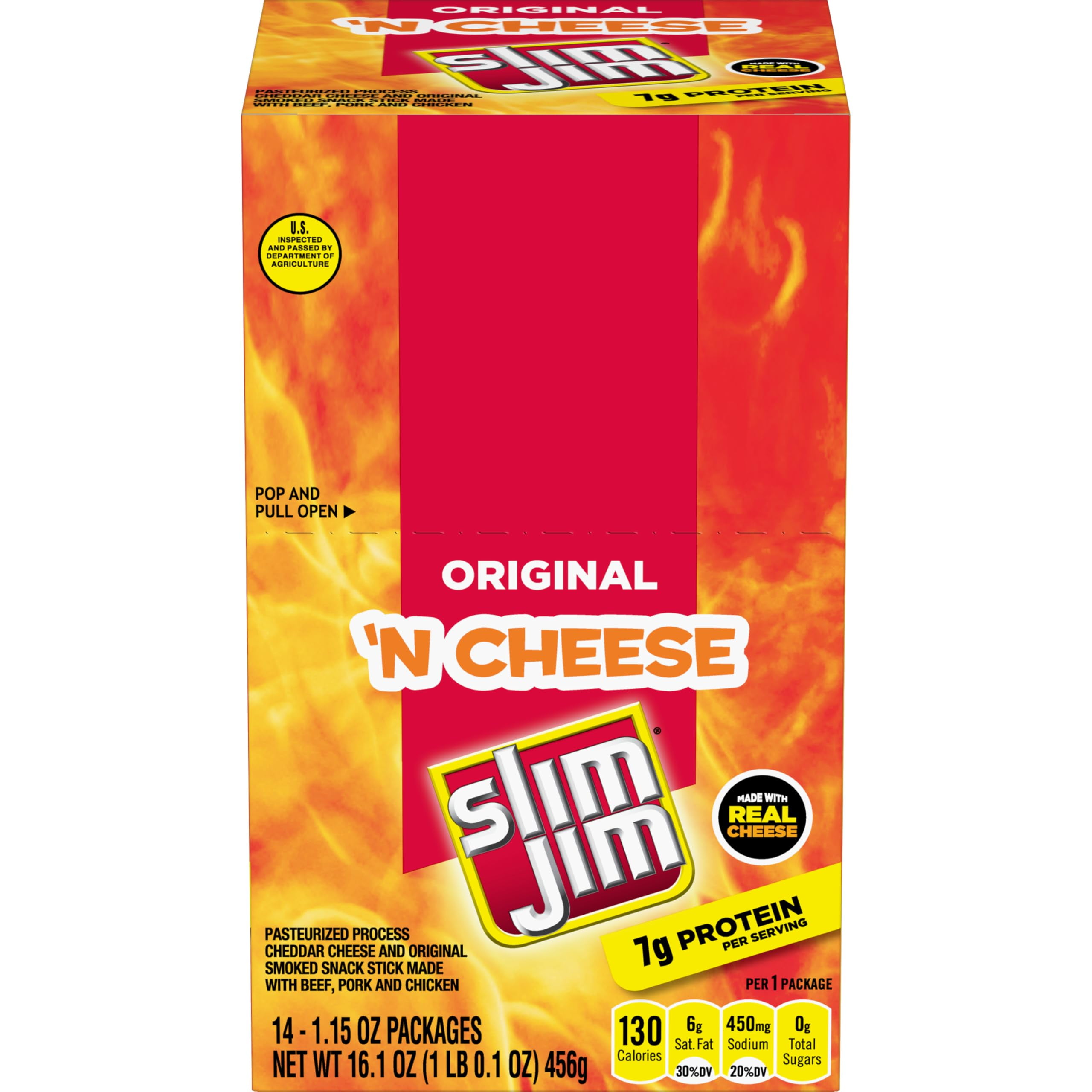 Slim Jim Beef 'N MZF22 Cheese Smoked Meat Sticks, Original Flavor, 7g Protein Per Serving, Easter Basket Stuffer, 1.15 oz. (14 Count)
