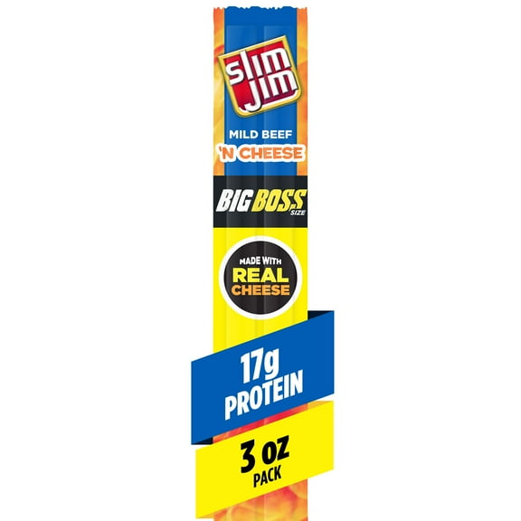 Slim Jim Beef 'N Cheese Smoked Meat Sticks, Mild Flavor, 17g Protein Per Serving, 3.0 oz.