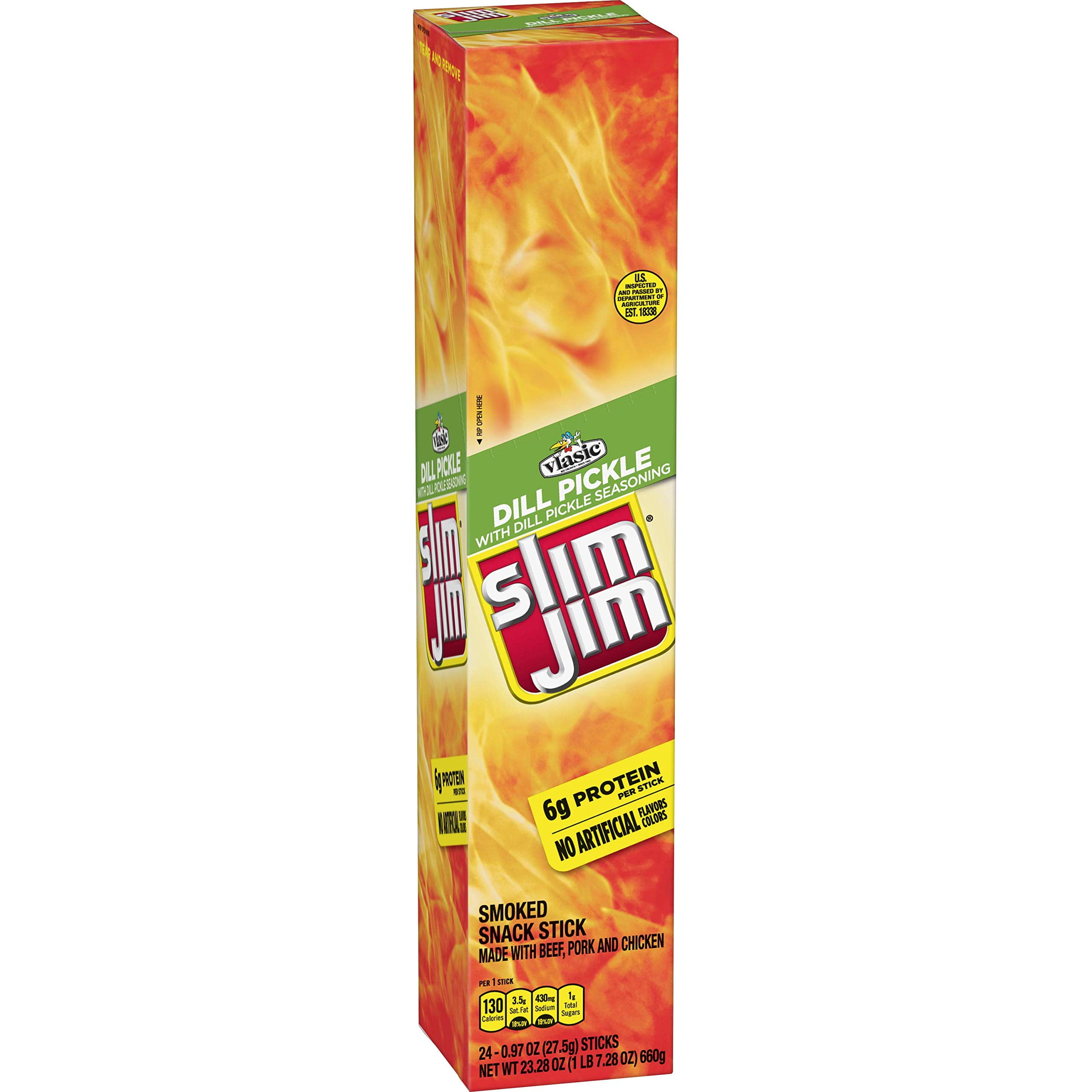Slim Jim Giant Smoked TGF4Meat Sticks, Vlasic Dill Pickle Flavor, 6g Protein Per Stick, 0.97 oz. (24 Count)