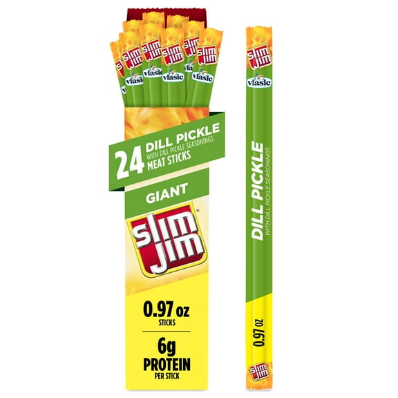 Slim Jim Giant Smoked Meat Sticks, Vlasic Dill Pickle Flavor, 6g Protein Per Stick, 0.97 oz. (24-ct)