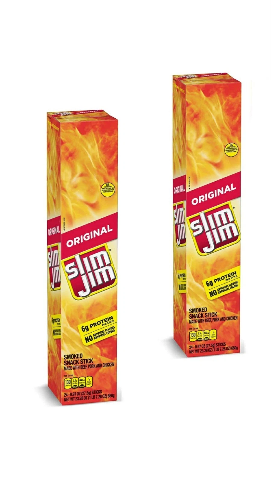 Slim Jim Giant Original Flavor Smoked Meat Sticks 24 Count 6g Protein Snack - 2 Pack