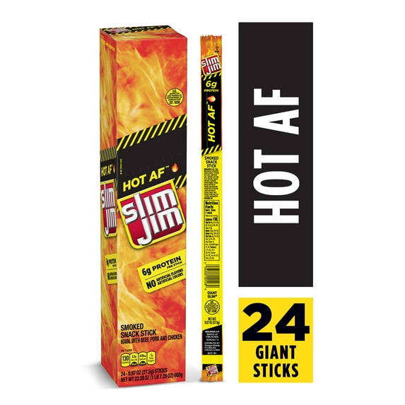 Slim Jim Giant Smoked Meat Snack Stick, Hot AF Flavor, 0.97-oz. Stick 24-Count