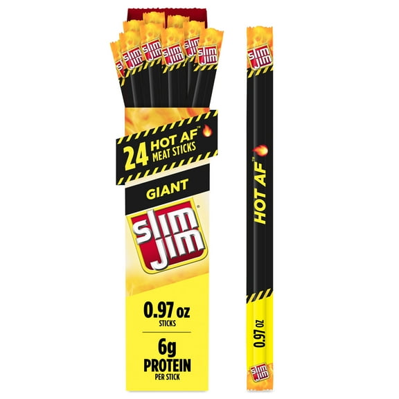 Slim Jim Giant Smoked Meat Sticks, Hot AF Flavor, 6g Protein Per Stick, 0.97 oz. (24-ct)