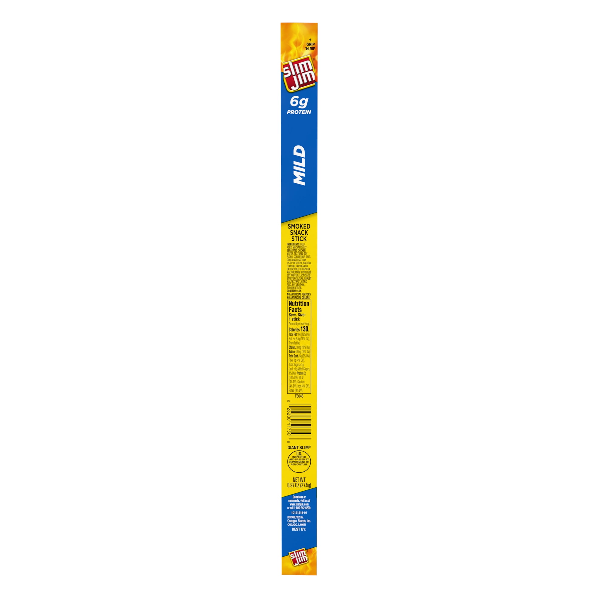 Slim Jim Giant Smoked Meat Sticks, Mild Flavor, 6g Protein Per Stick, 0.97 oz.