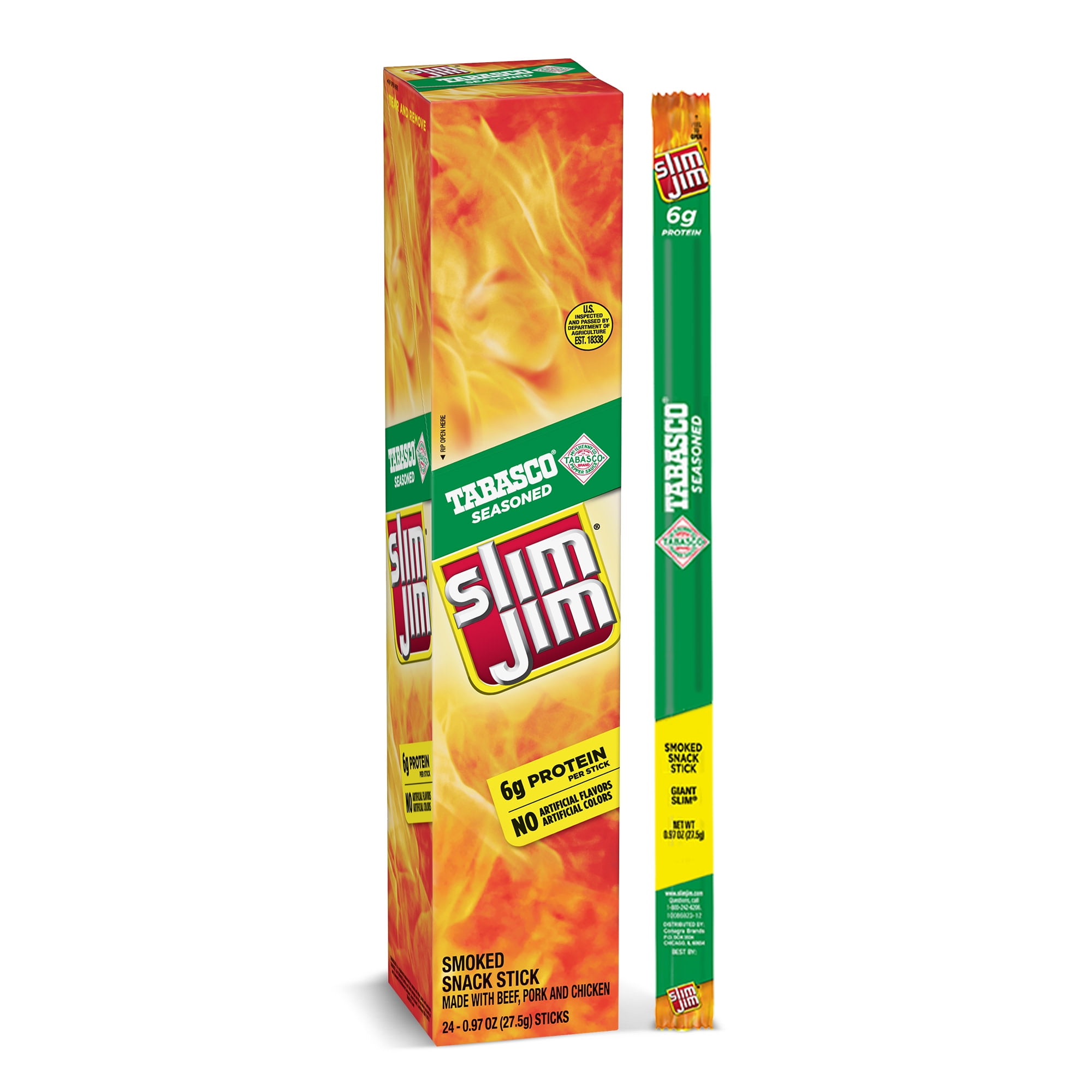 Slim Jim Giant Smoked Meat Sticks, Tabasco Flavor, 6g Protein Per Serving, 0.97 oz. 24-Count