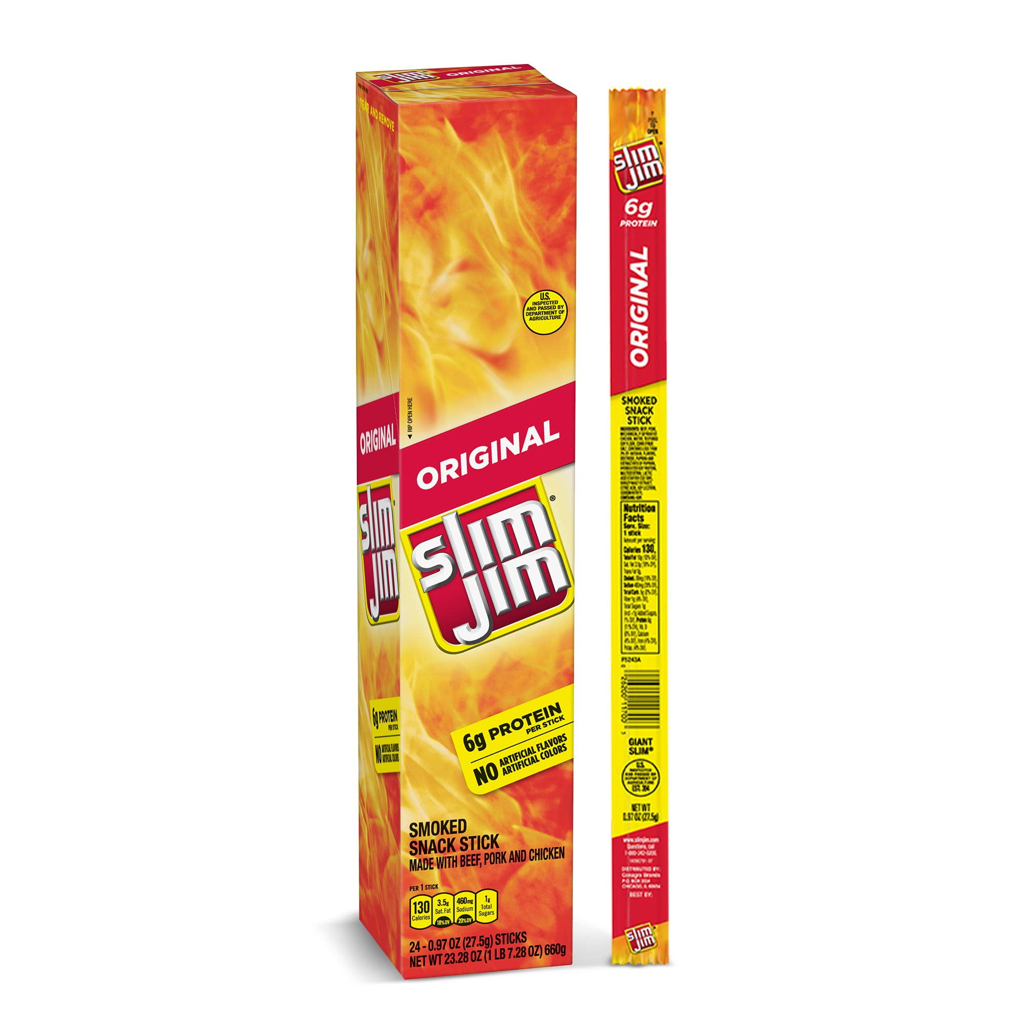 Slim Jim Giant Smoked TSF6Meat Sticks, Original Flavor, 6g Protein Per Stick, 0.97 oz. (24 Count)