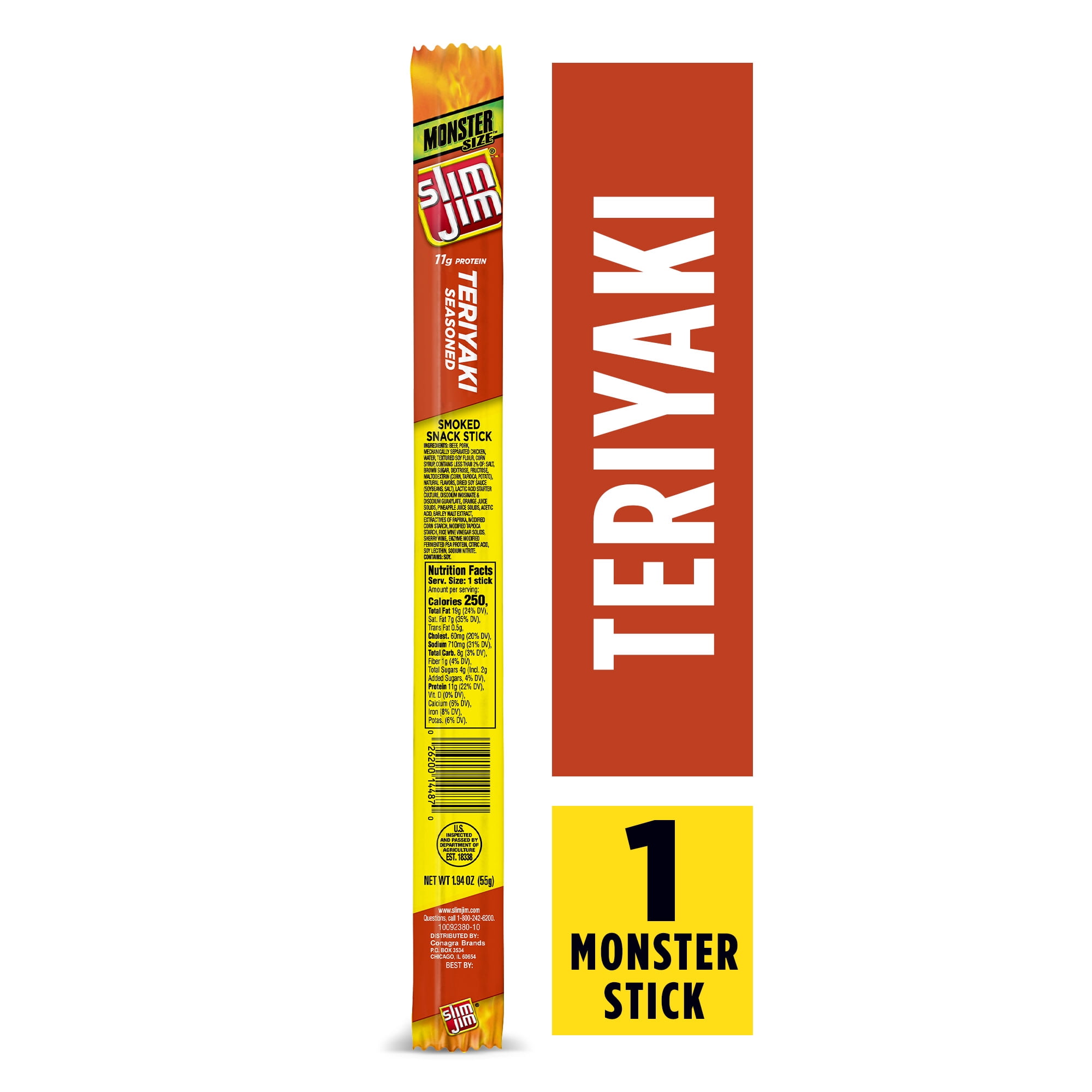 Slim Jim Monster Size Teriyaki Smoked Snack Stick, Meat Snacks, 0.97 oz