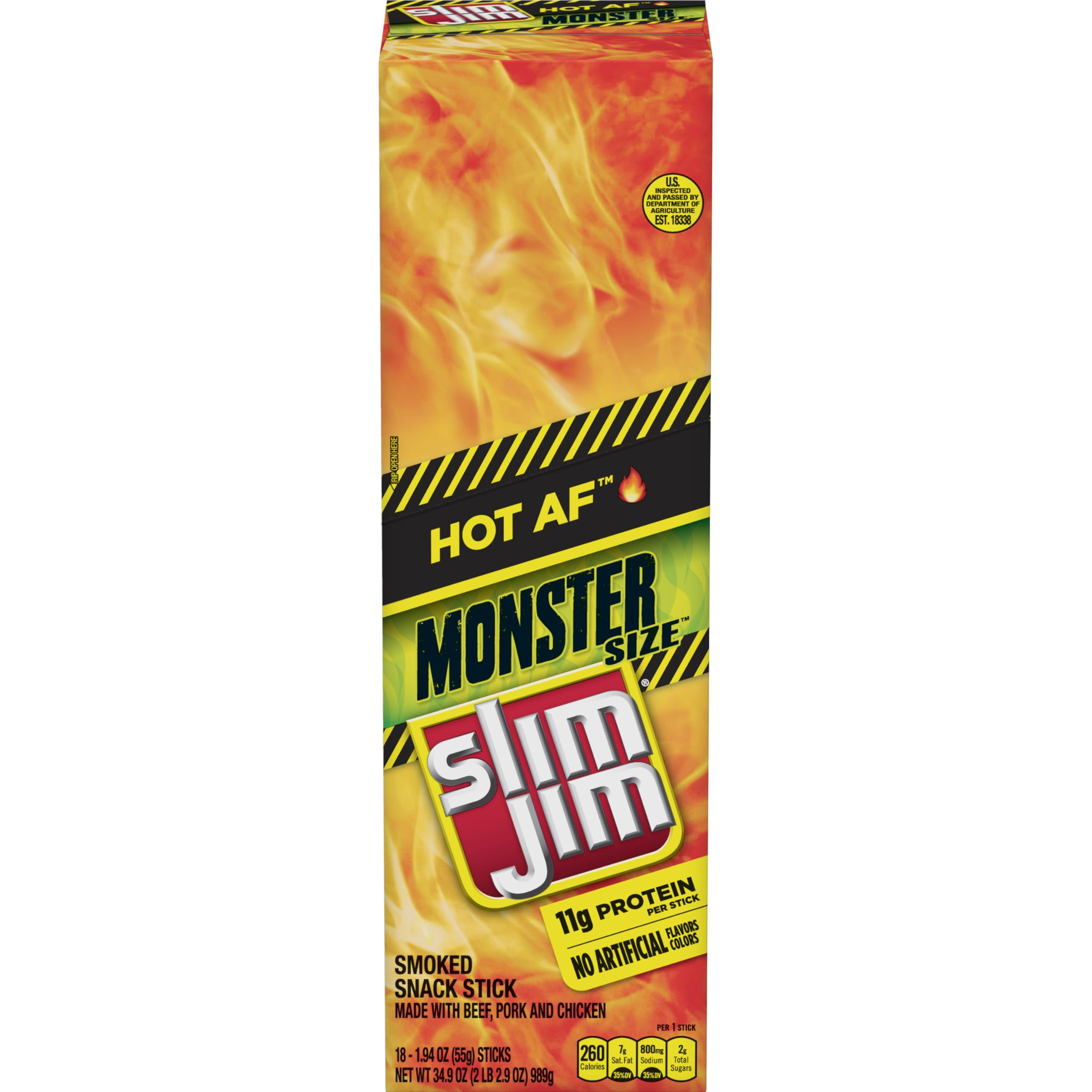 Slim Jim Monster Smoked DMF15 Meat Sticks, Hot AF Flavor, 11g Protein Per Stick, Father's Day Gift, 1.94 oz. (18 Count)