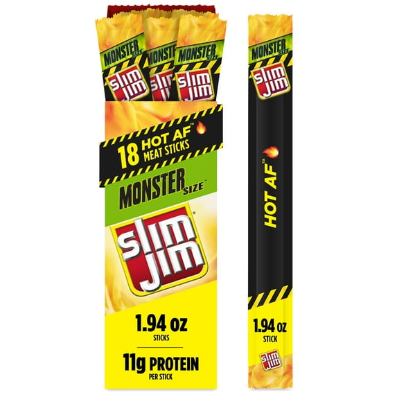 Slim Jim Monster Smoked Meat Sticks, Hot AF Flavor, 11g Protein Per Stick, 1.94 oz. (18-ct)