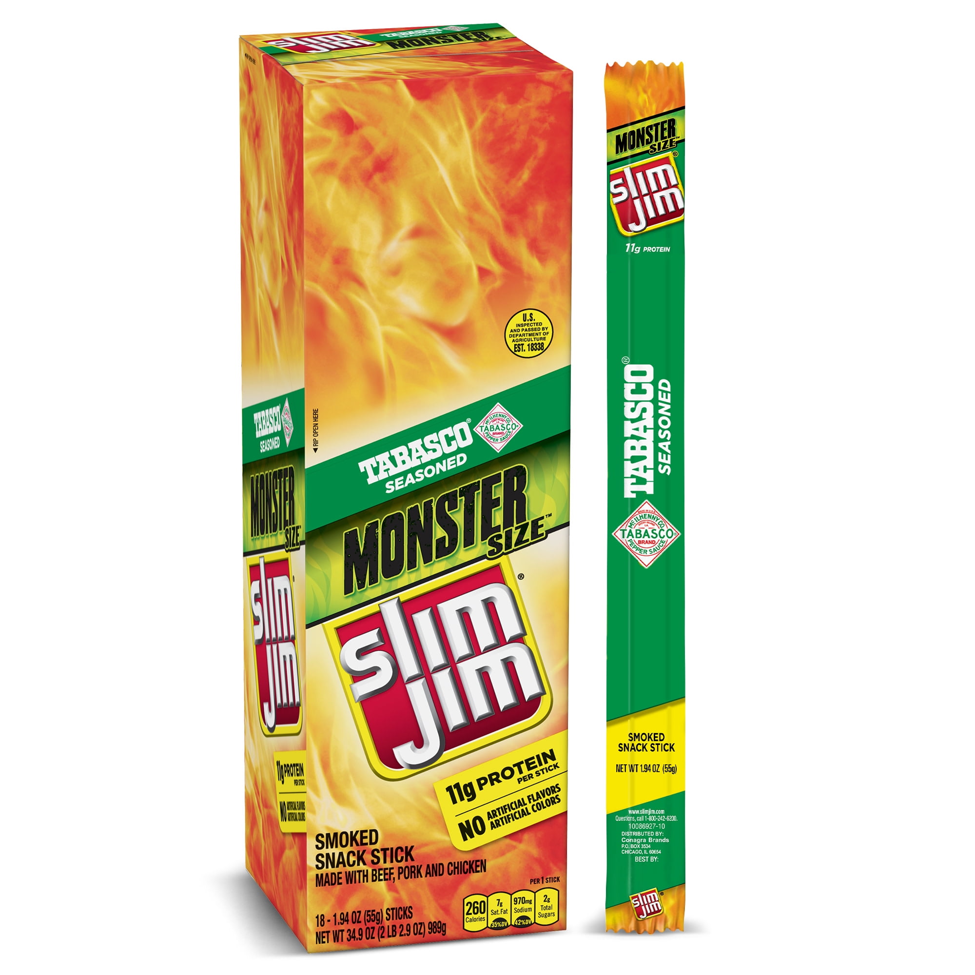 Slim Jim Monster Smoked Meat Sticks, 11g Protein Per Serving, Tabasco Flavor, 1.94 oz. 18-Count
