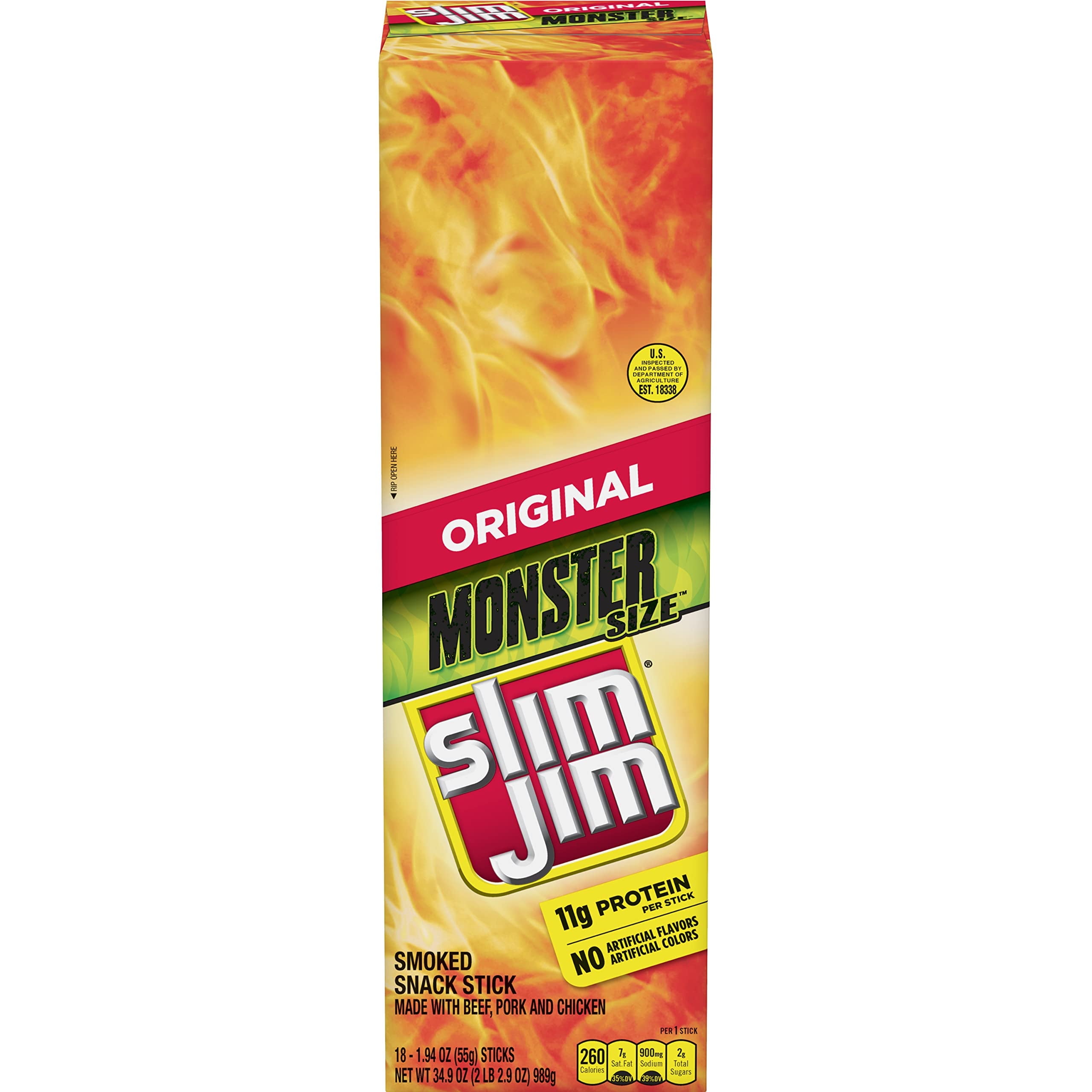 Slim Jim Monster Smoked Meat Sticks, Original Flavor, 11g Protein Per Stick, Easter Basket Stuffer, 1.94 oz. (18 Count)TA1