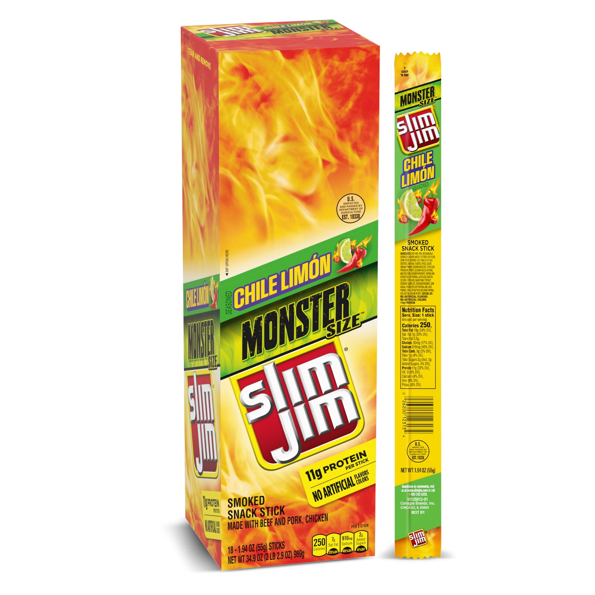 Slim Jim Monster Smoked Snack Stick, Chile Limn Seasoned, 11g Protein Per Serving, On-the-go Meat Snack, 18 Count, 1.94 oz.
