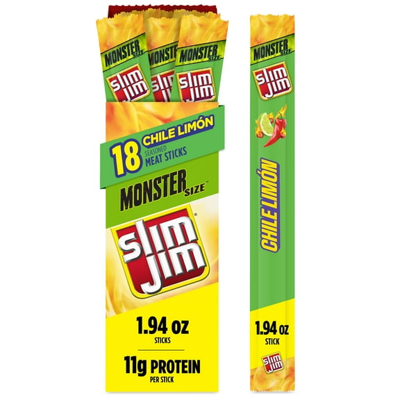 Slim Jim Monster Smoked Meat Sticks, Chile Limn Flavor, 11g Protein Per Stick, 1.94 oz. (18-ct)
