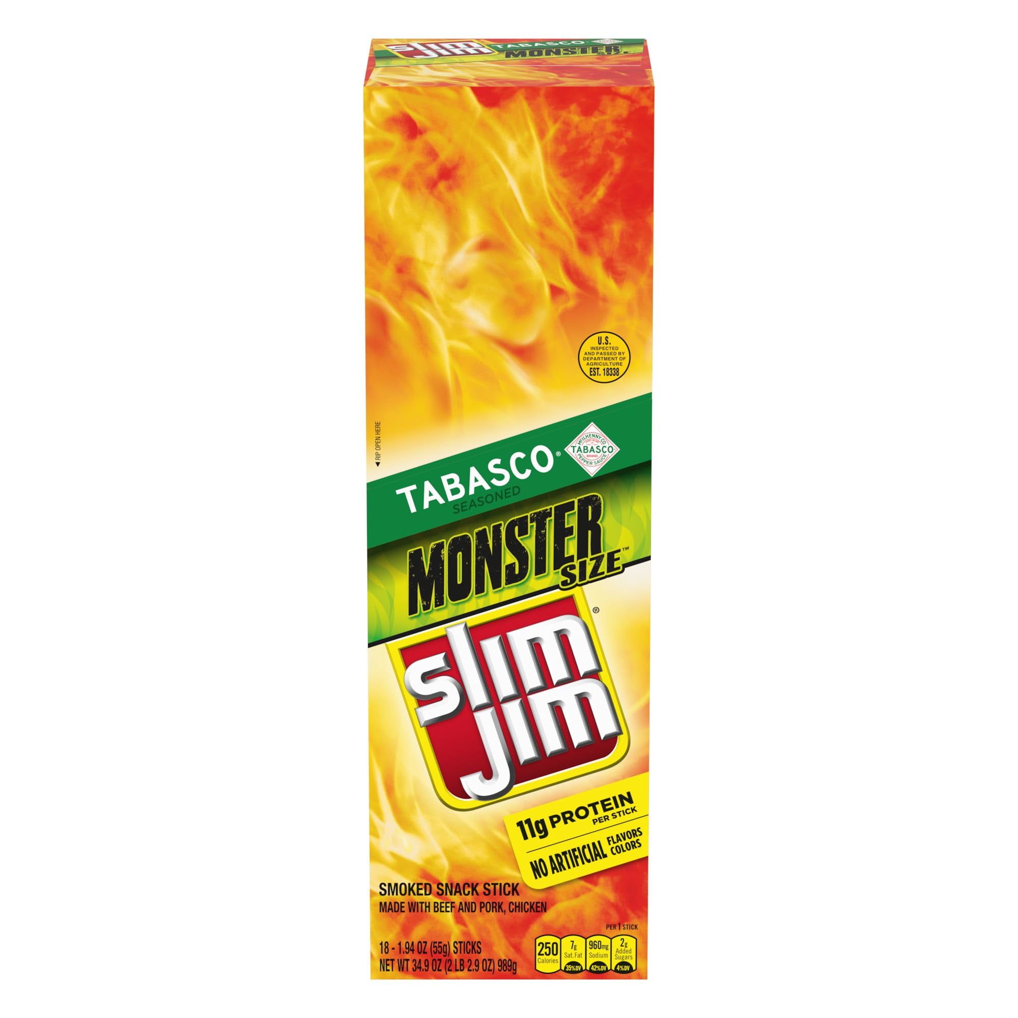 Slim Jim Monster Smoked YYF14 Meat Sticks, Tabasco Flavor, 11g Protein Per Stick, Father's Day Gift, 1.94 oz. (18 Count)
