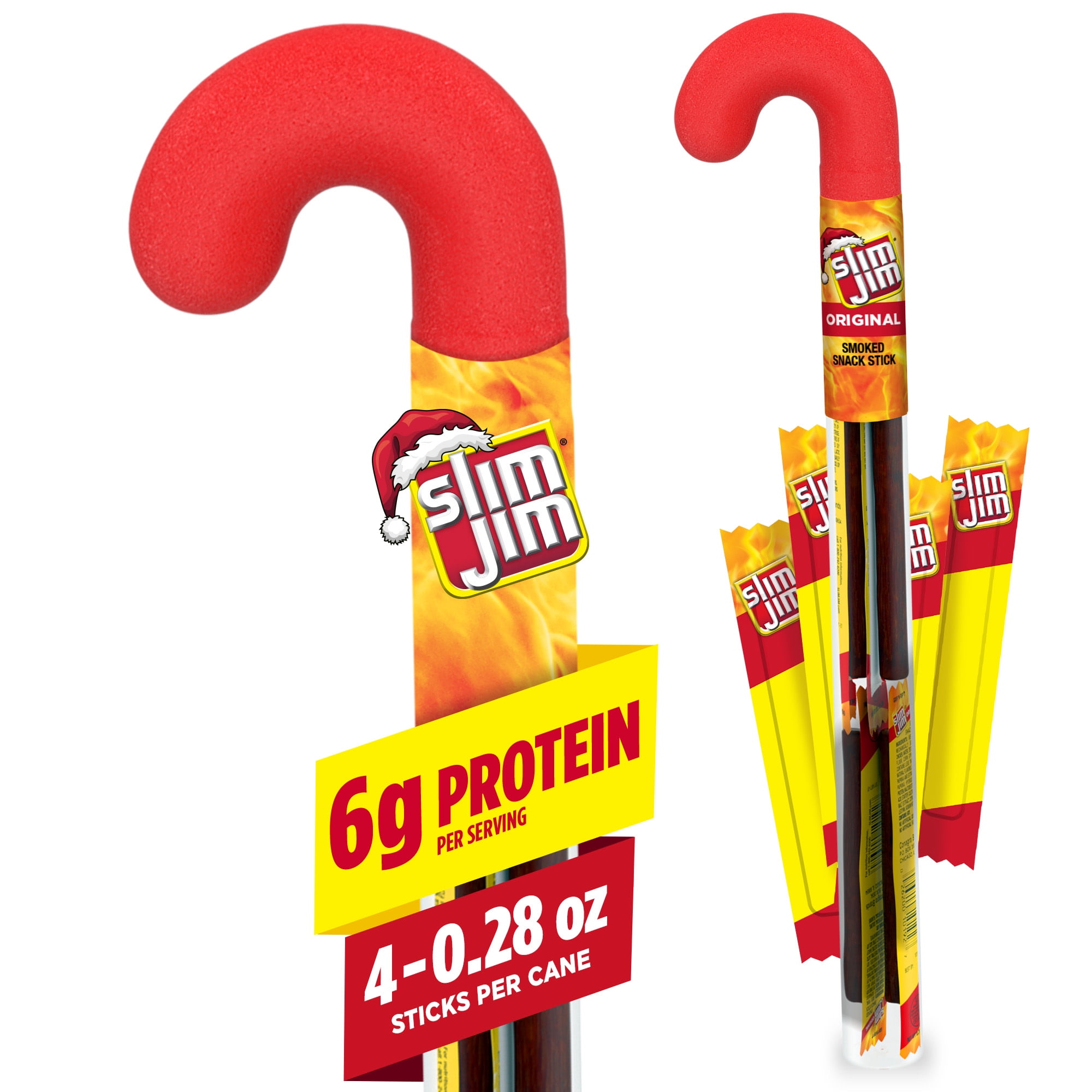 Slim Jim Smoked Meat Sticks, Original, Holiday Cane Pack, 6g Protein Per Serving, Stocking Stuffer, .18oz. (4-ct)