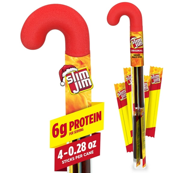 Slim Jim Smoked Meat Sticks, Original, Holiday Cane Pack, 6g Protein Per Serving, Stocking Stuffer, .18oz. (4-ct)