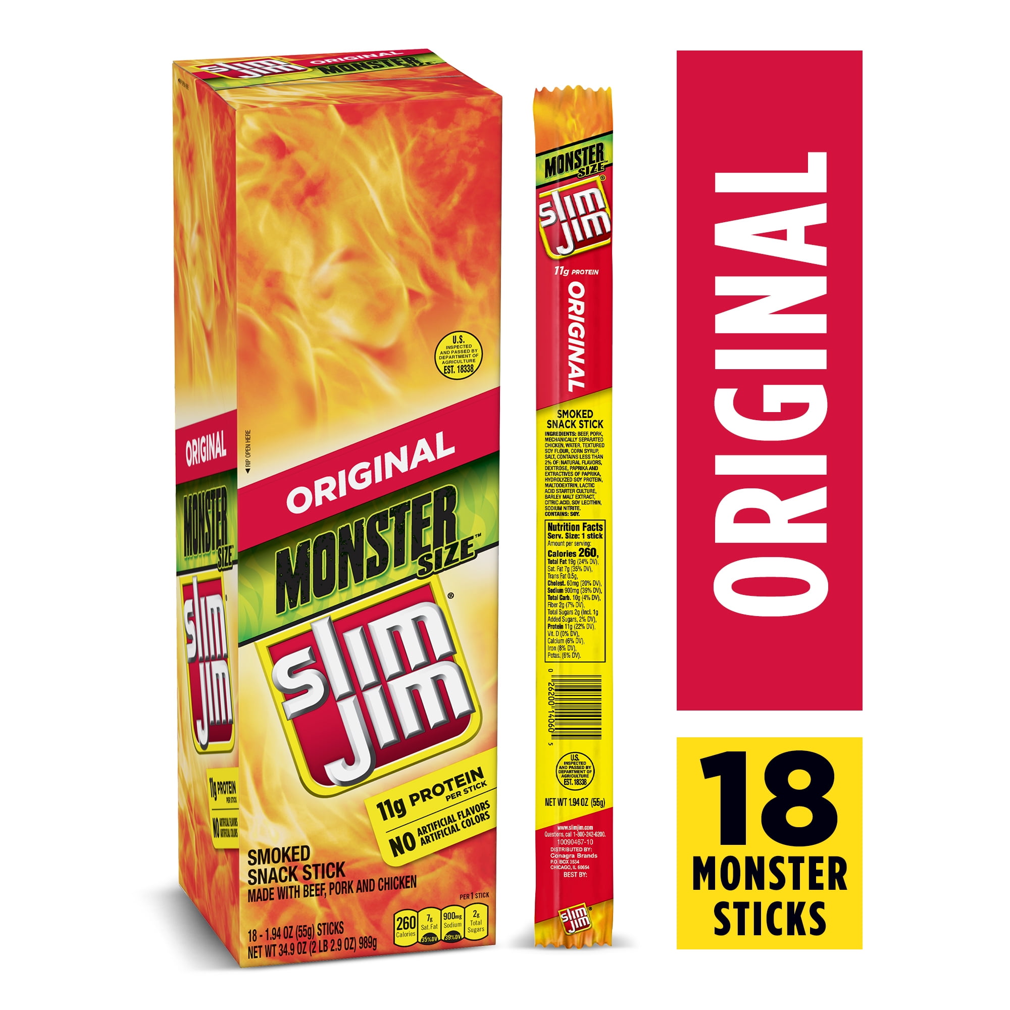 Slim Jim Original Monster Smoked Snack Stick, Smoked Meat Stick, 1.94