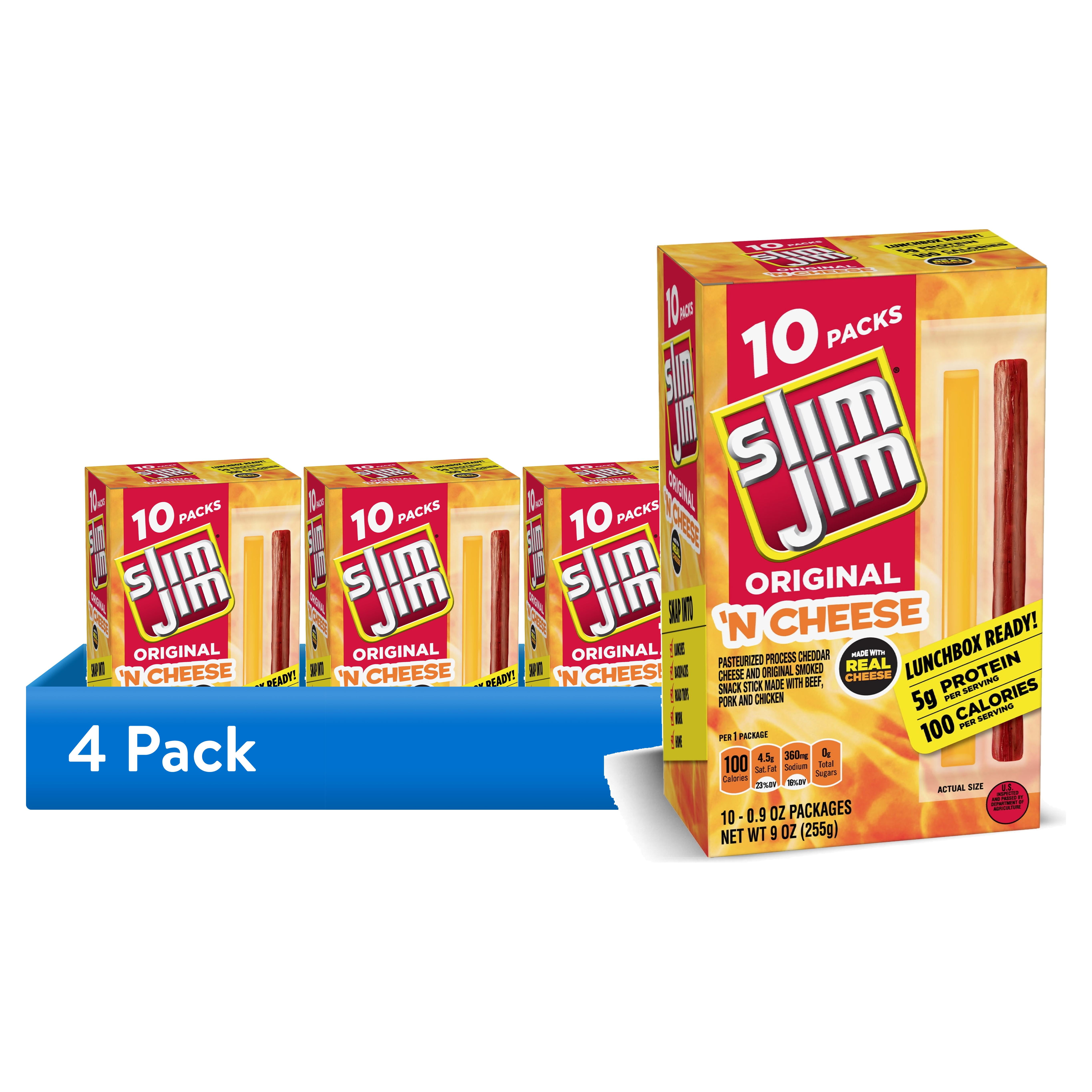 (4 pack) Slim Jim Original 'N Cheese Smoked Meat Snacks, 0.9 oz, 10