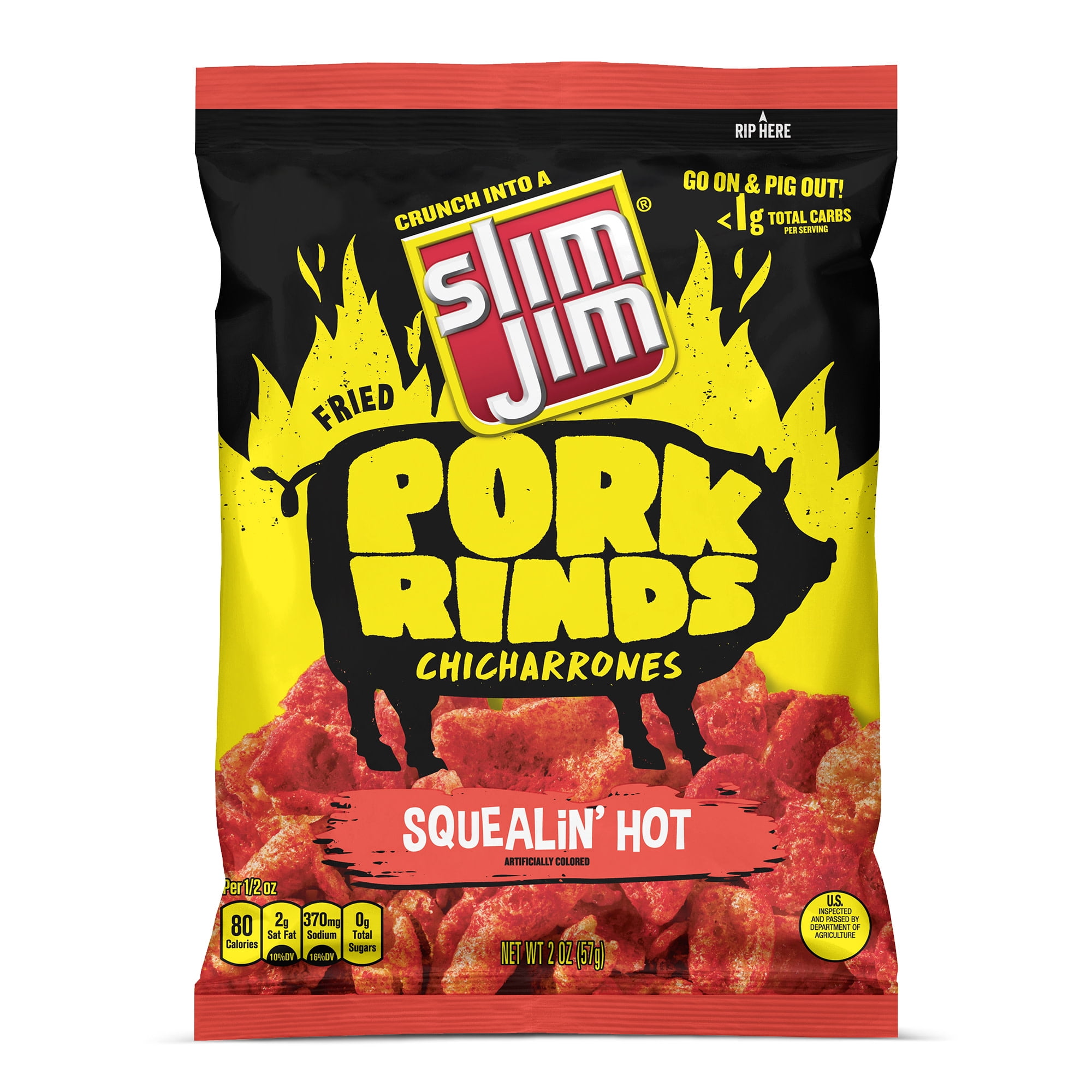 Slim Jim Pork Rinds, Squealin' Hot Flavor Fried Meat Snacks, 2 oz Bag