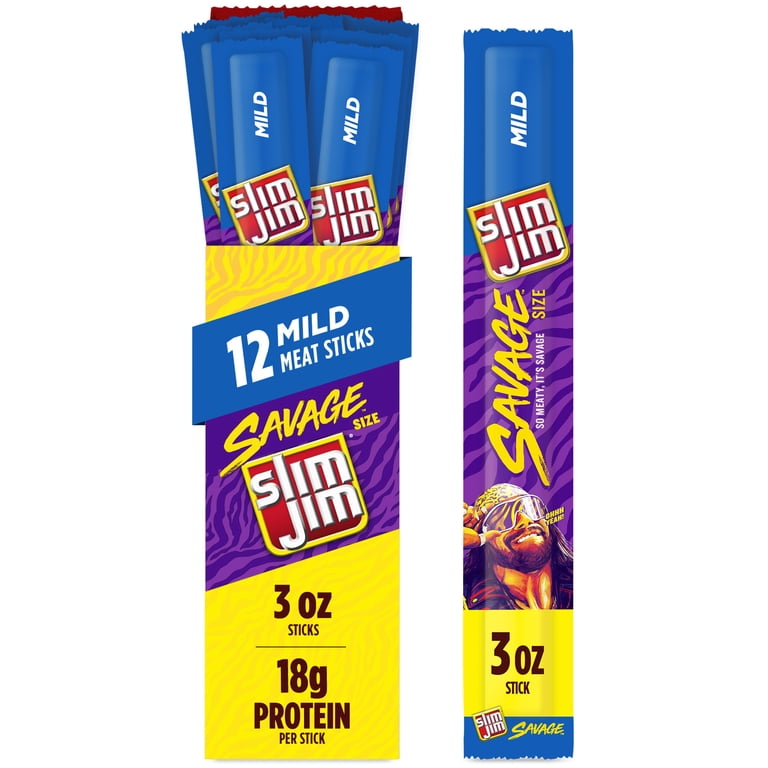 Slim Jim Savage Mild Smoked Meat Sticks, 12-Count, 6g Protein, 3