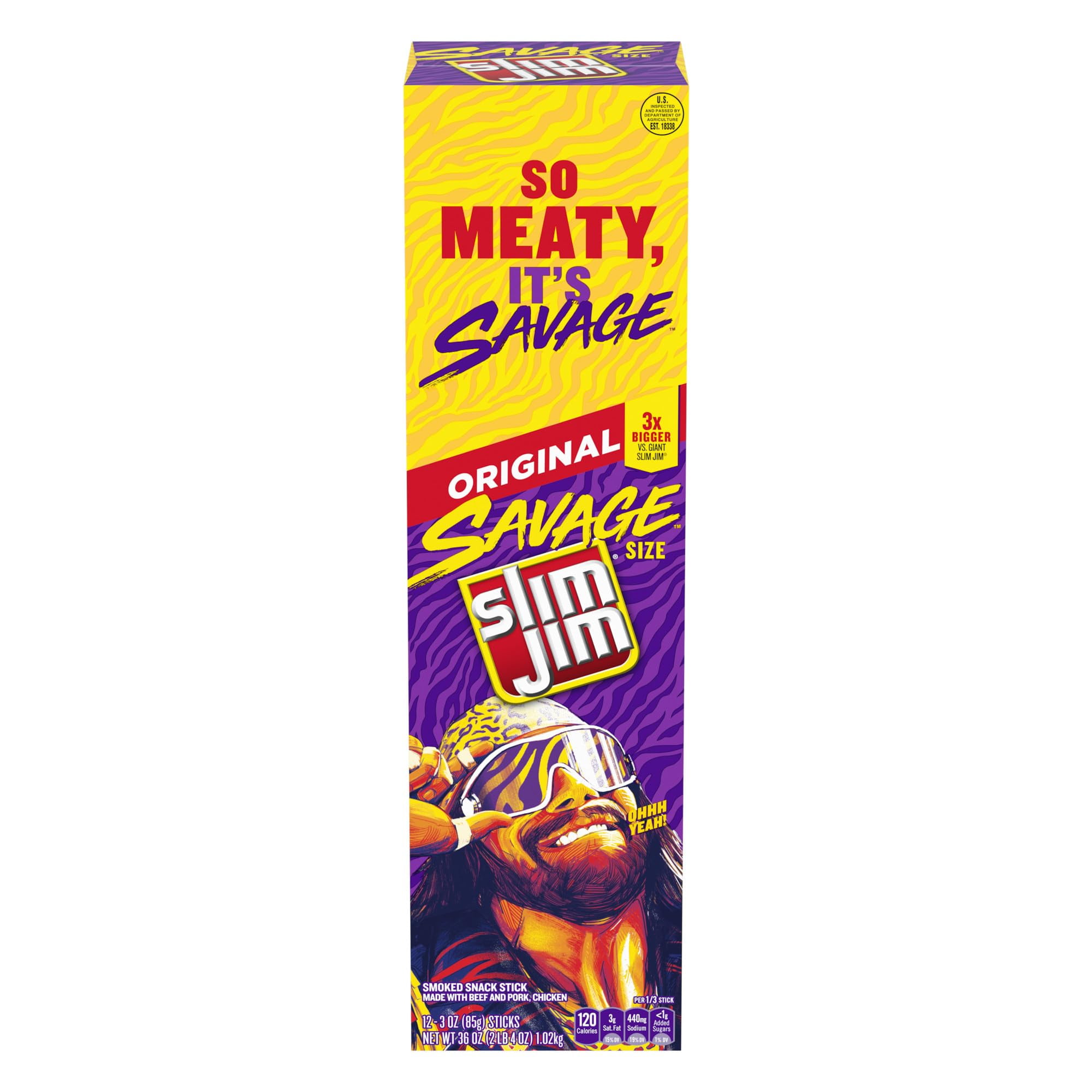 Slim Jim Savage Smoked Meat HYZ01 Sticks, Original Flavor, 18g Protein ...