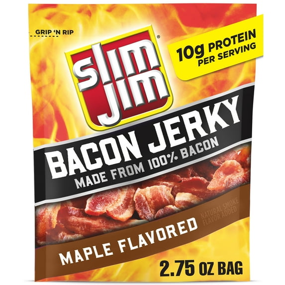 Slim Jim Smoked Bacon Jerky, Maple Flavor, 10g Protein Per Serving, 2.75 oz.