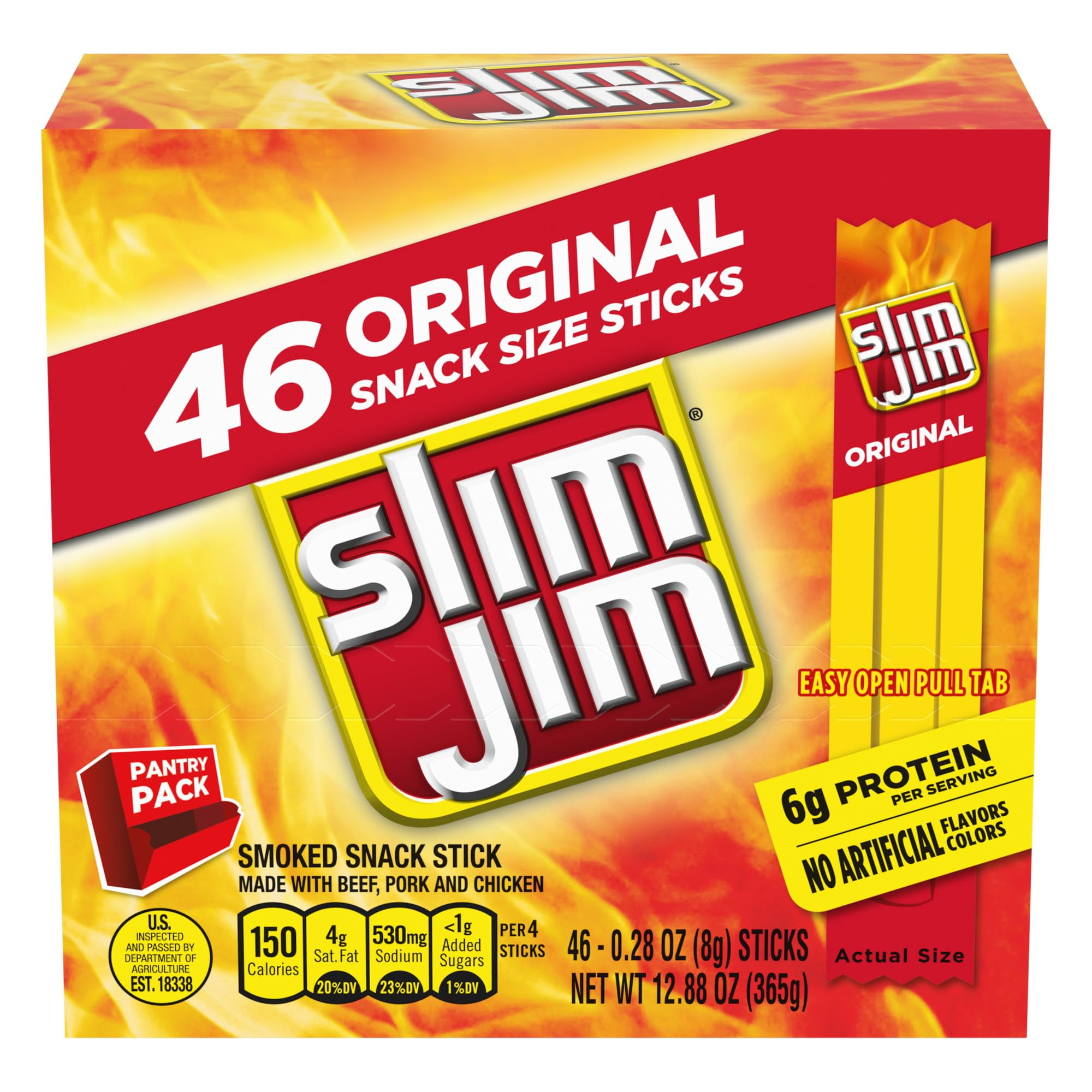 Slim Jim Smoked Meat AKF18 Sticks, Original Flavor, 6g Protein Per Serving, Snack Size, 0.28 oz. (46 Count)