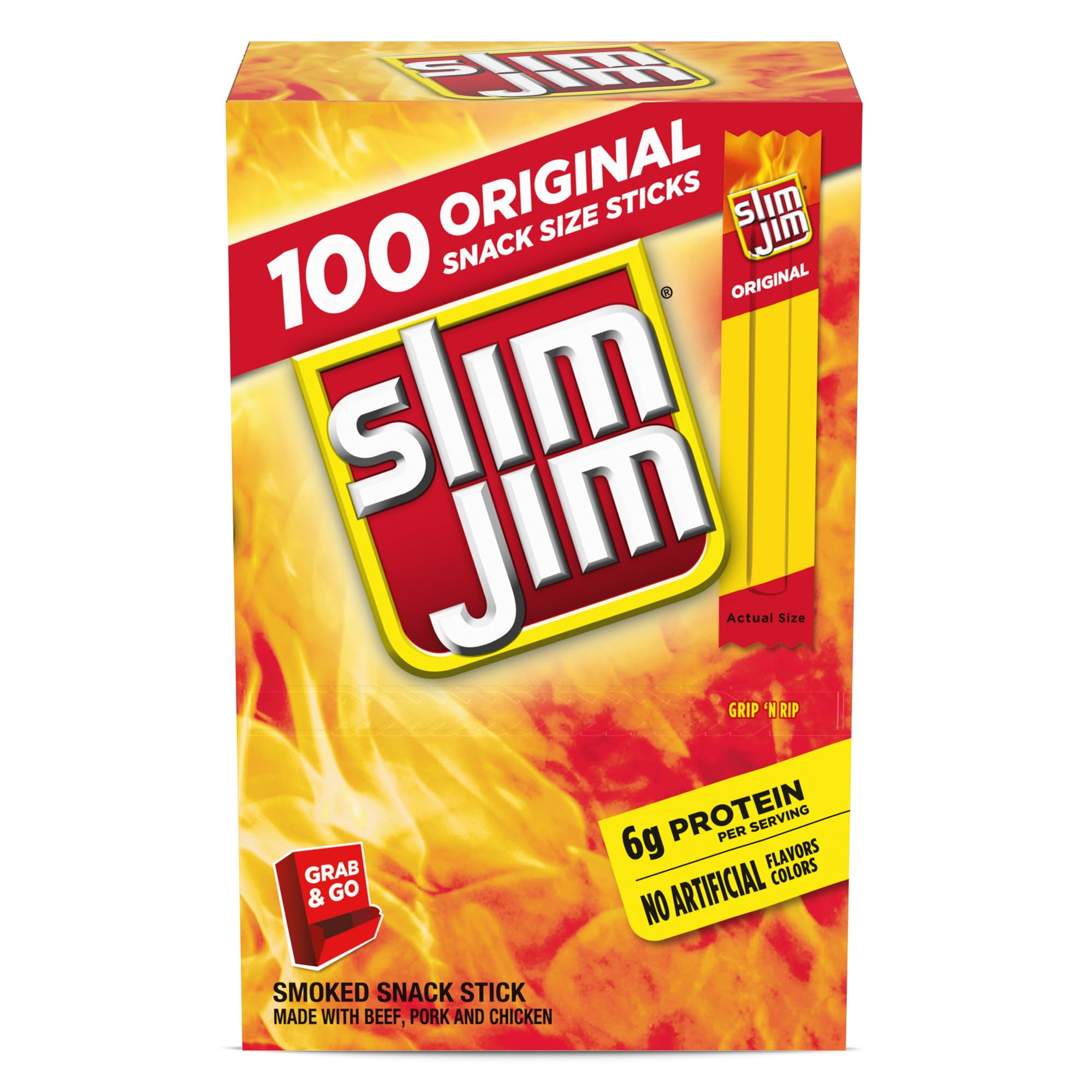 Slim Jim Smoked Meat CCF19 Sticks, Original Flavor, 6g Protein Per Serving, Snack Size, 0.28 oz. (100 Count)