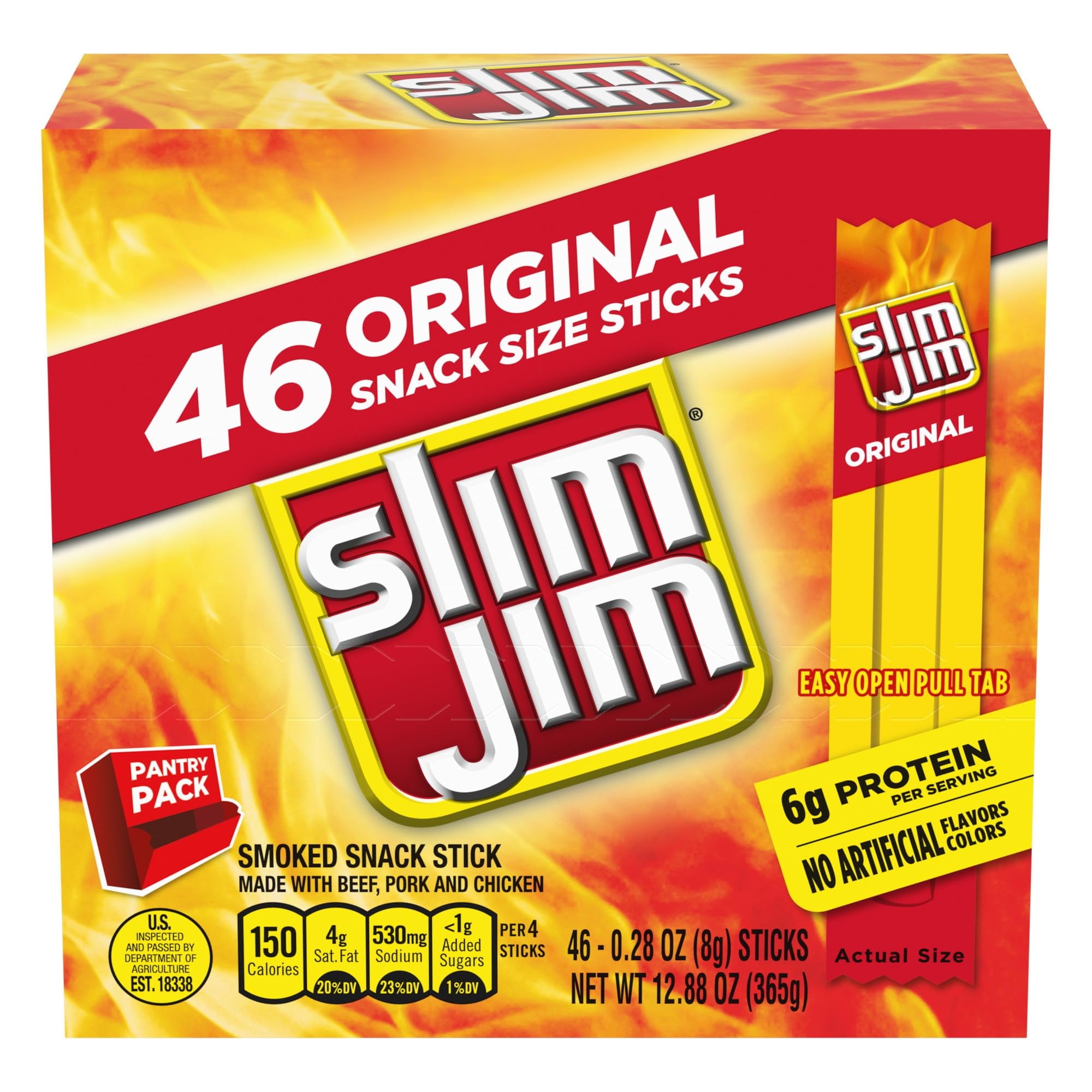 Slim Jim Smoked Meat CCF19 Sticks, Original Flavor, 6g Protein Per Serving, Snack Size, 0.28 oz. (46 Count)