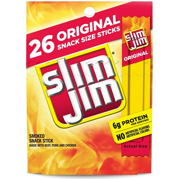 Slim Jim Smoked Meat Sticks, HYZ01 Original Flavor, 6g Protein Per Serving, Snack Size, 0.28 oz. (26 Count)