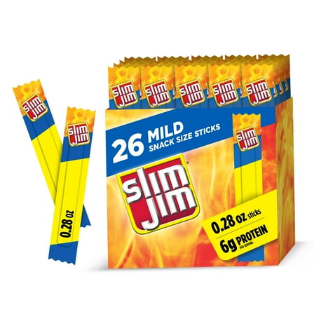 Slim Jim Smoked Meat Sticks, Mild Flavor, 6g Protein Per Serving, Snack Size, Valentine's Day Gift For Him, 0.28 oz. (26 Count)