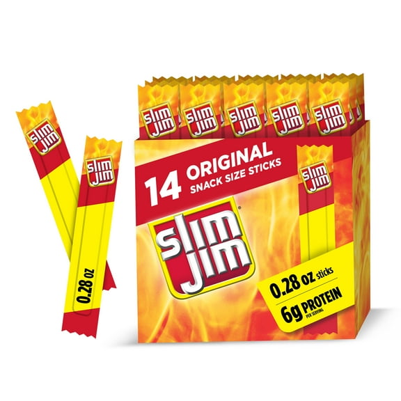 Slim Jim Smoked Meat Sticks, Original Flavor, 6g Protein Per Serving, Snack Size, Stocking Stuffer, 0.28 oz. (14 Count)