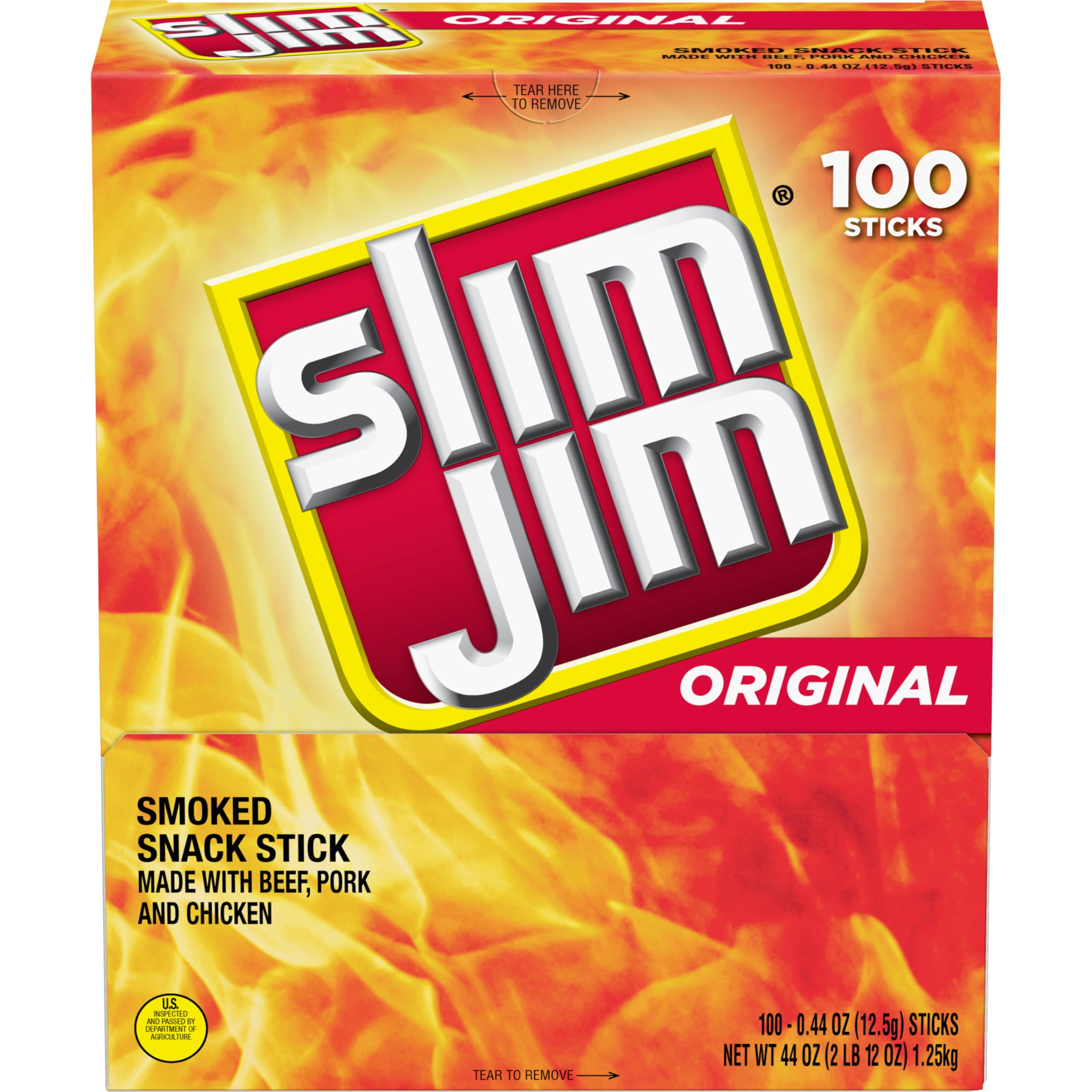 Slim Jim Smoked Meat Sticks, Original NSD3Flavor, 2g Protein Per Stick, Snack Size, 0.44 oz. (100 Count)