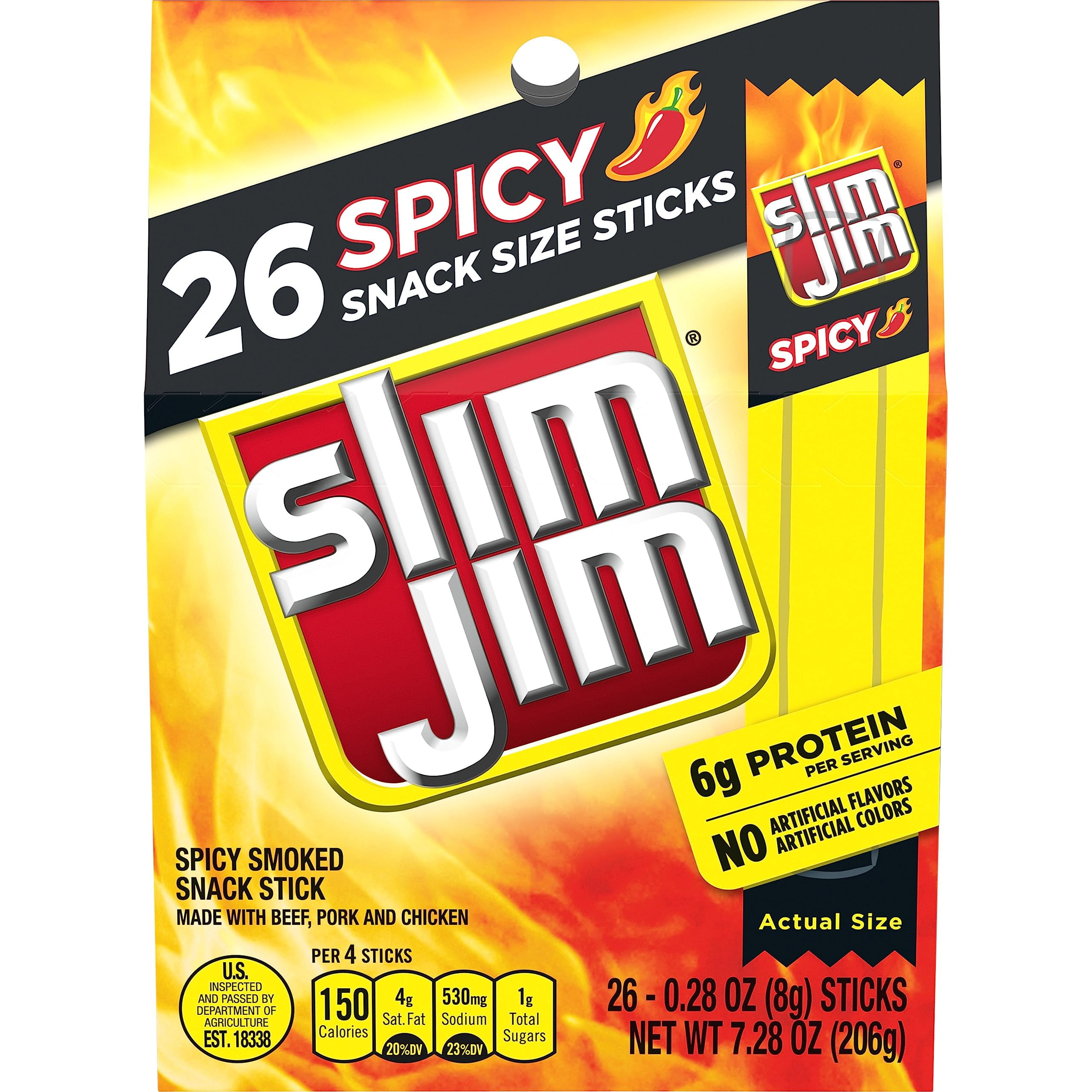 Slim Jim Smoked Meat Sticks, Spicy Flavor, MDH16g Protein Per Serving, Snack Size, 0.28 oz. (26 Count)