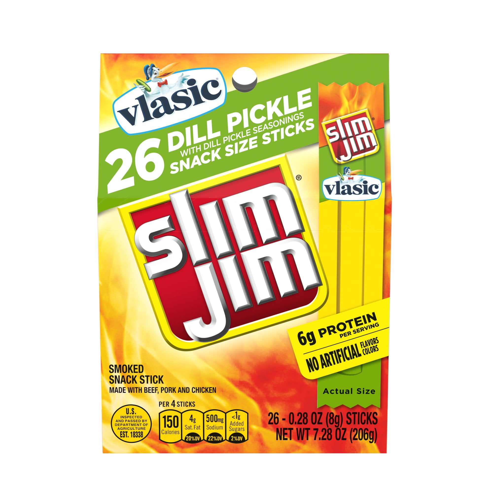 Slim Jim Smoked Meat RRF12 Sticks, Vlasic Dill Pickle Flavor, 6g Protein Per Serving, Snack Size, Easter Basket Stuffer, 0.28 oz. (26 Count)