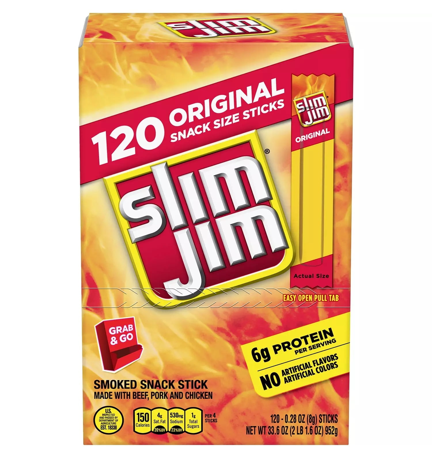 Slim Jim Smoked Snack Stick, Original, 0.28 oz, 120-count