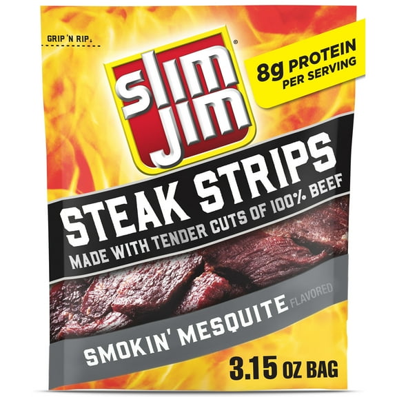 Slim Jim Smoked Steak Strips, Smokin' Mesquite Flavor, 8g Protein Per Serving, 3.15 oz.