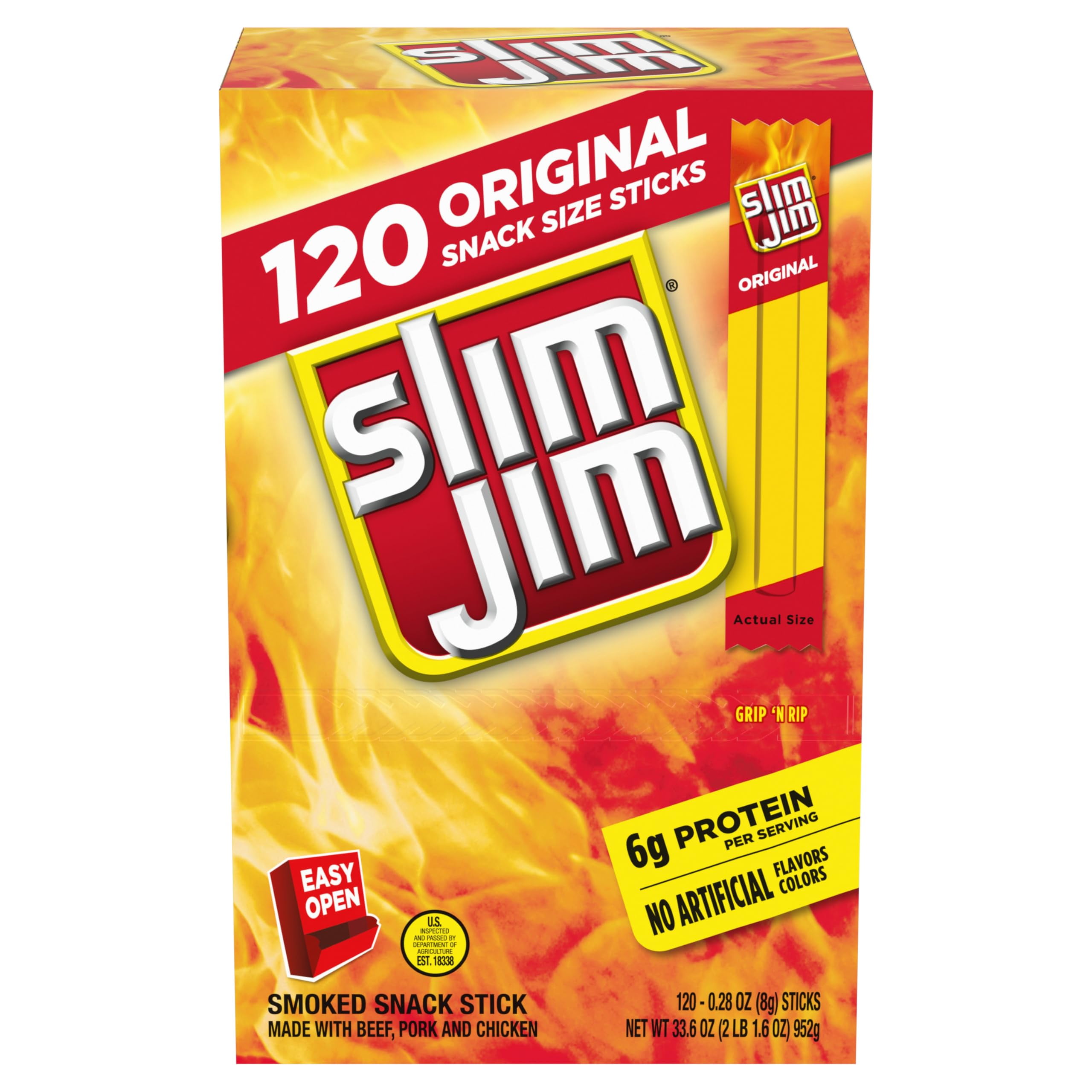 Slim Jim Snack-Sized Smoked YPF5Meat Stick, Original Flavor, .28 Oz. 120-Count