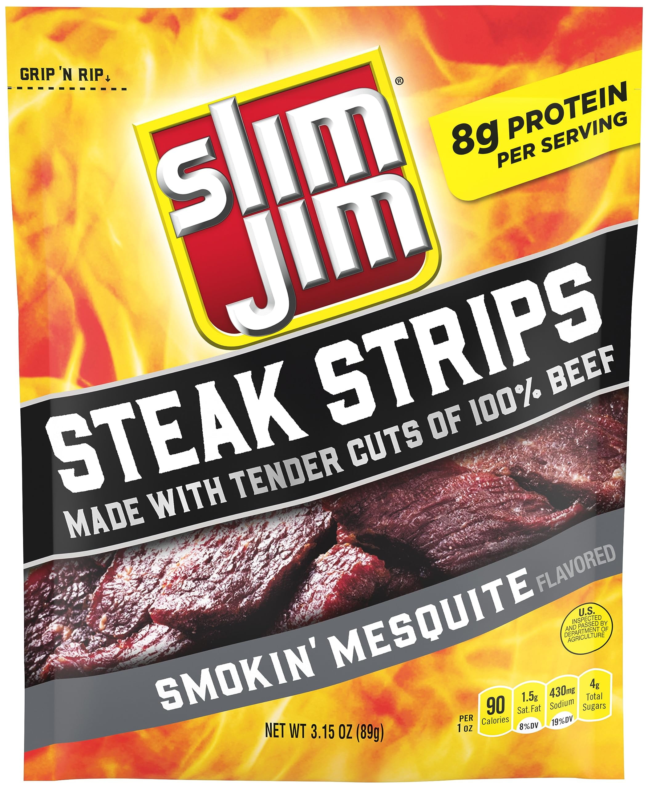 Slim Jim Steakhouse Beef AIF4Steak Strips, Smokin' Mesquite Flavored Meat Snacks, Easy, On-the-Go School, Work and Travel Snacks, 3.15 OZ Bag