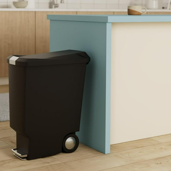 Slim Kitchen Step Trash Can with Silent Close Lid, Secure Slide Lock, Black Plastic