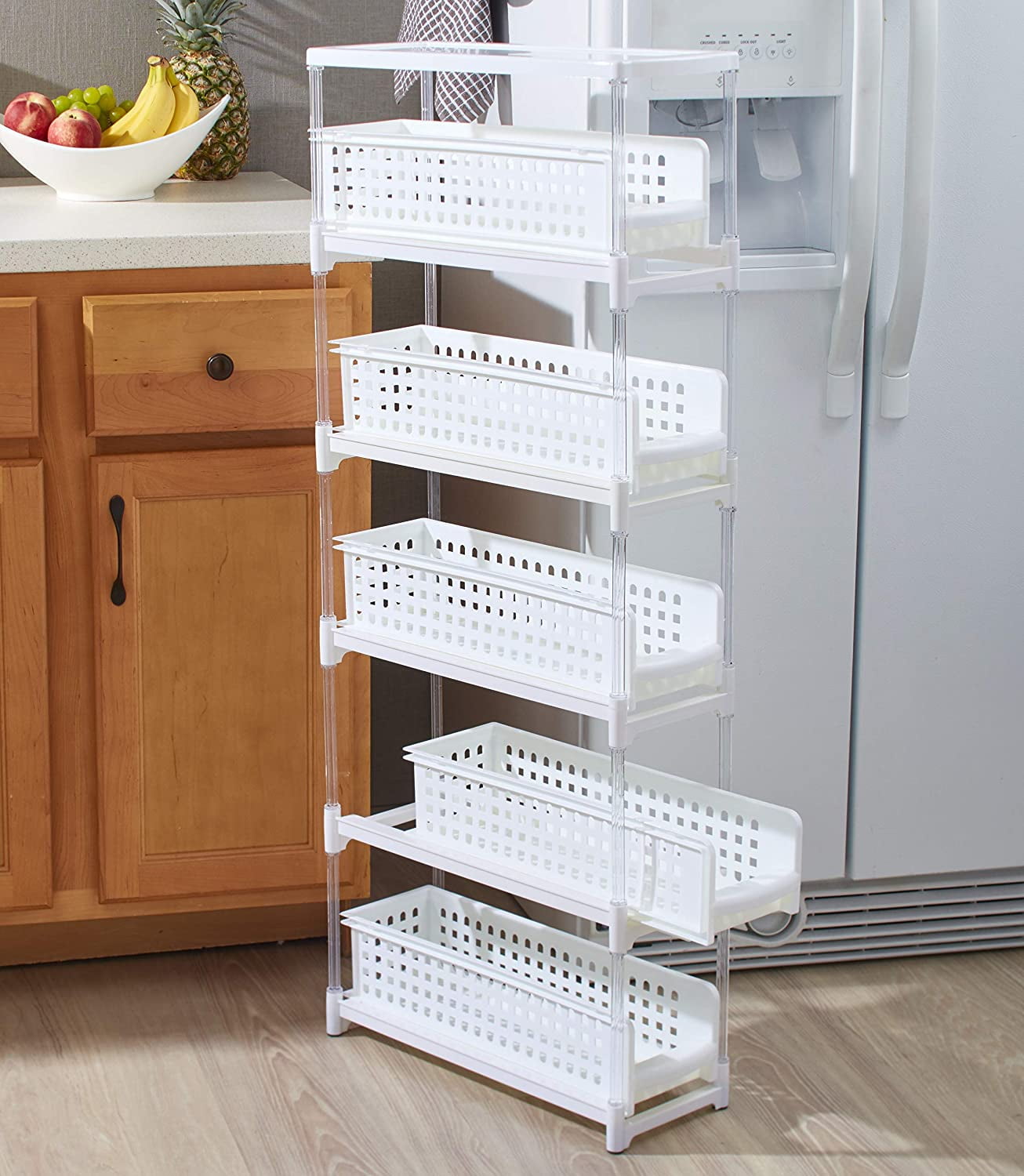 Slim Kitchen Storage with Five Slide-Out Drawers for Pantries