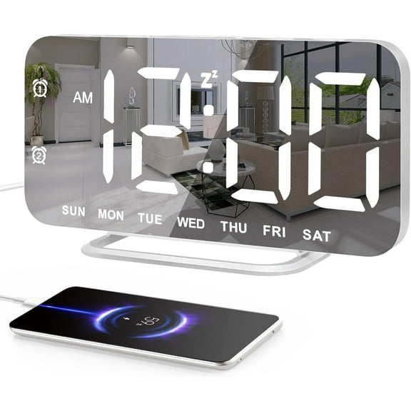 Slim LED Digital Alarm Clock, Mirror Surface for Makeup, with Diming, Large Display, Easy Setting, USB Ports, Modern Decor for Bedroom, Desk, Christmas, Birthday Gift for Women, Daughter, Girl, White