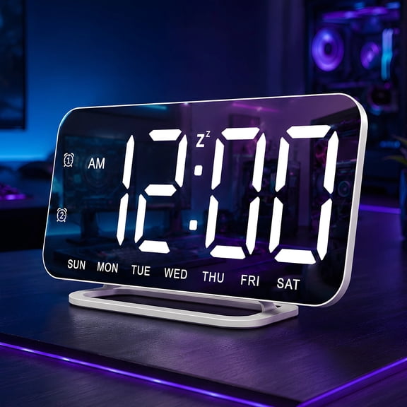 Slim LED Digital Alarm Clock, Mirror Surface for Makeup, with Diming, Large Display, Easy Setting, USB Ports, Modern Decor for Bedroom, Desk, Christmas, Birthday, White