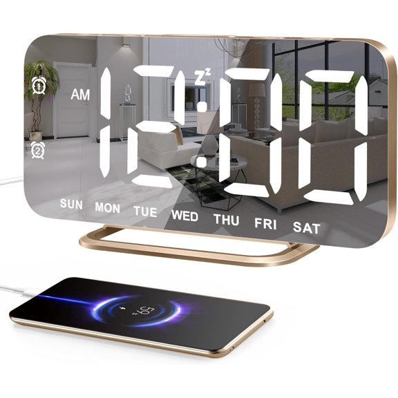 Slim LED Digital Alarm Clock, Mirror Surface for Makeup, with Diming, Large Display, Easy Setting, USB Ports, Modern Decor for Bedroom, Desk, Xmas, Birthday Gift for Women, Sister, Teen Girl, Gold