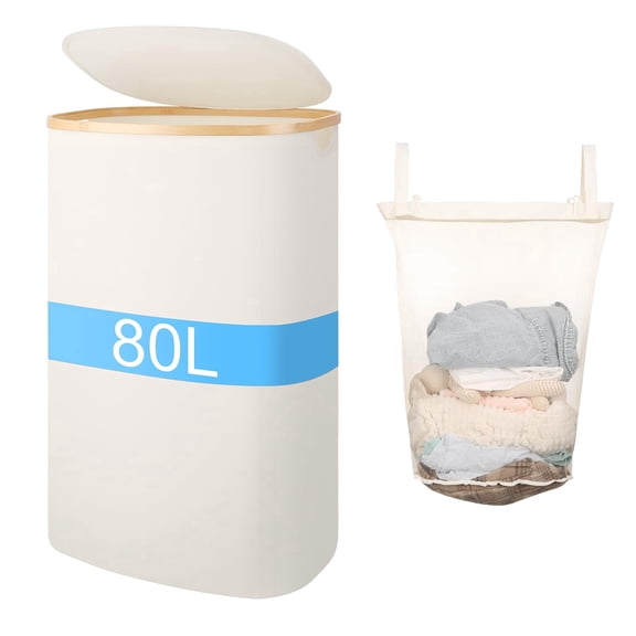 Slim Laundry Basket with Lid, 80L Narrow Laundry Hamper with Removable Bag, Clothes Hampers for Laundry with Bamboo Handles for Bathroom, Bedroom, Dorm & Laundry Room