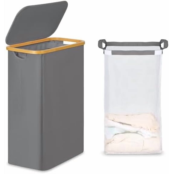 Slim Laundry Basket with Lid, Narrow Laundry Hamper with Removable Bag, Skinny Dirty Clothes Basket with Bamboo Handles for Bathroom, Bedroom & Laundry Room, 65L Grey