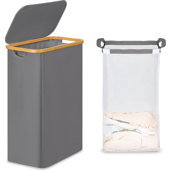 Slim Laundry Basket with Lid, Narrow Laundry Hamper with Removable Bag, Skinny Dirty Clothes Basket with  Handles for Bathroom,  & Laundry Room, 65L Grey