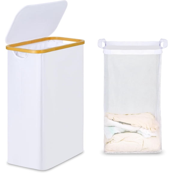 Slim Laundry Basket with Lid, Narrow Laundry Hamper with Removable Bag, Skinny Dirty Clothes Basket with  Handles for Bathroom,  & Laundry Room, 65L White