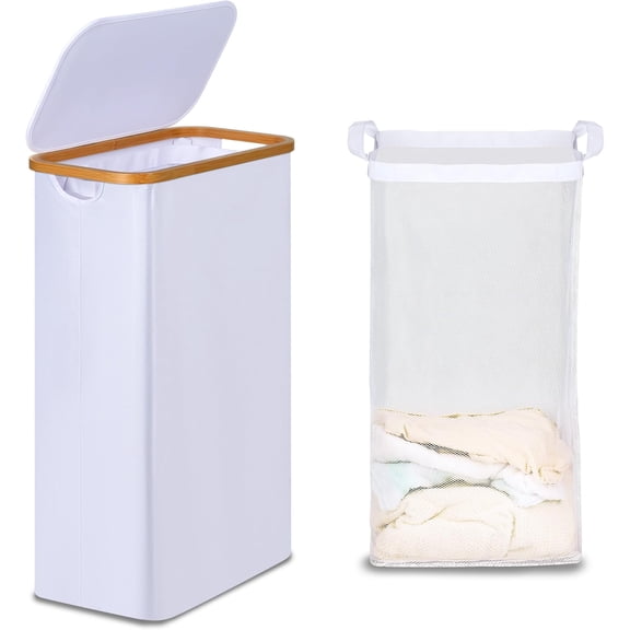 Slim Laundry Basket with Lid, Narrow Laundry Hamper with Removable Bag, Skinny Dirty Clothes Basket with Handles for Bathroom, & Laundry Room, 75L White